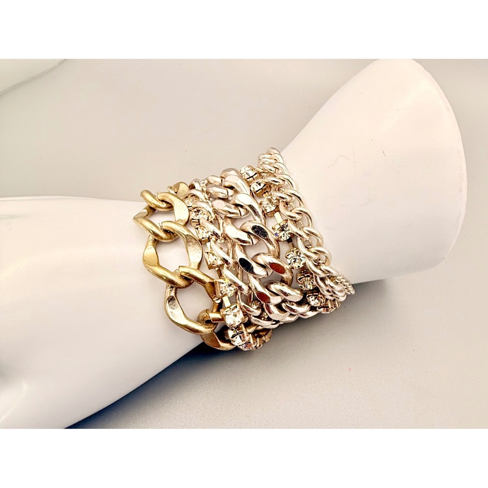 Vintage Gold Tone Multi Chain Rhinestone Cuff Bracelet Wide Statement Toggle‎